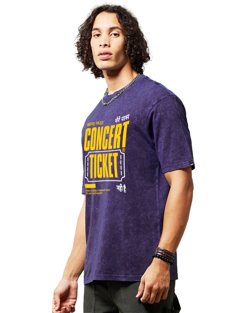 bewakoof Men's Skipper Blue Concert Typography Oversized Acid Wash T-shirt